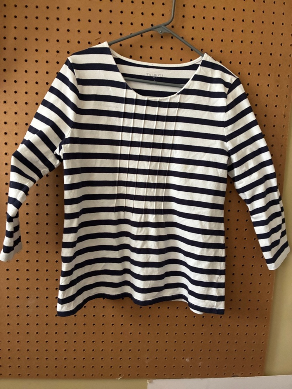 Talbots Navy & White Striped Pintuck Boatneck Top